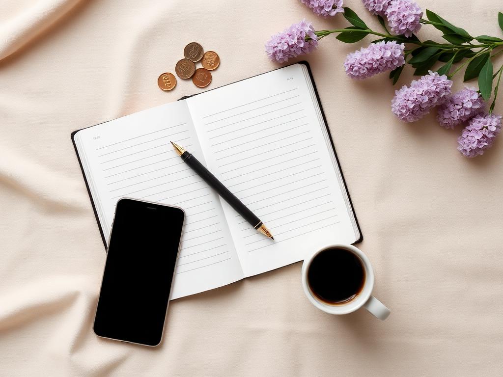 Open notebook, pen, coffee and a phone laid out on a soft linen background
