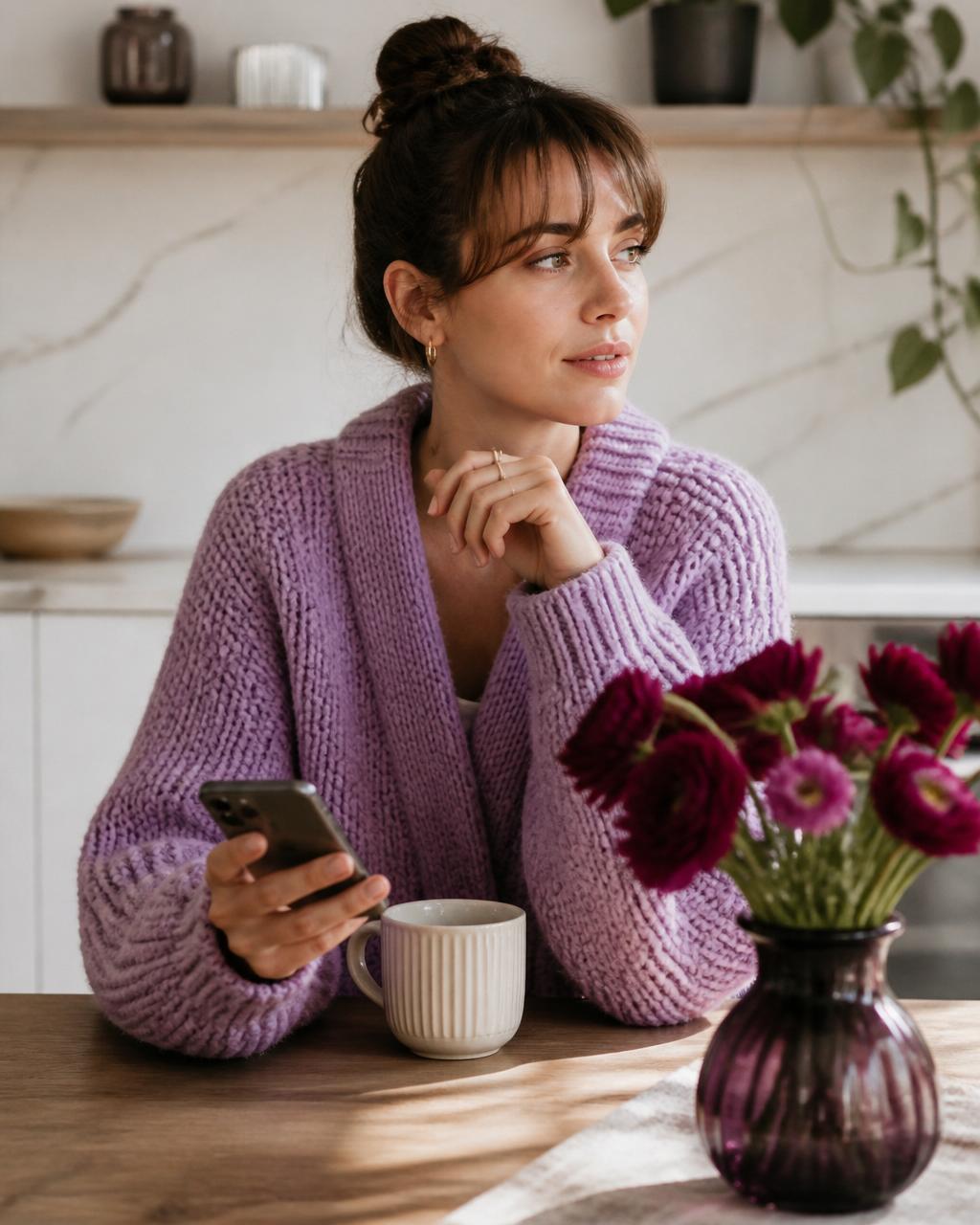 A woman checking her budgeting app over a coffee at home